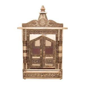 Metallic Finish Wooden Pooja Mandir with Doors & Drawer – Traditional Temple for Home