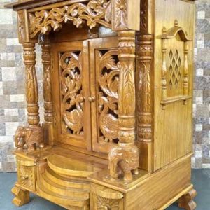Handcrafted Wooden Pooja Mandir with Doors, Elephant Carvings & Storage Drawer