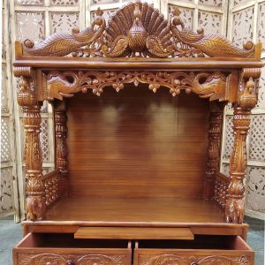 Handcrafted Solid Wooden Pooja Mandir with Peacock Carvings & Storage Drawers