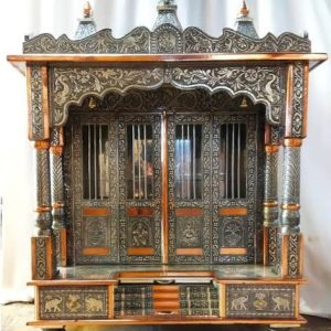 Handcrafted Wooden & Oxidized Metal Pooja Mandir with Doors – Traditional Home Temple